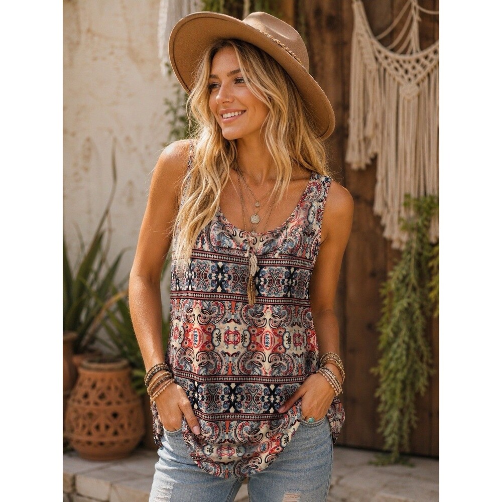 Wild Tiger Women’s Paisley Sleeveless Tunic Top XL Boho Festival Shirt